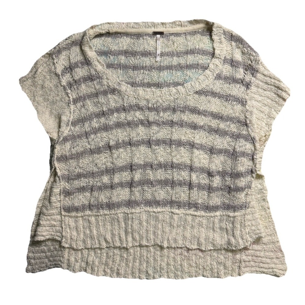 Free People Gray & Cream Striped‎ High Low Knit Short Sleeve Sweater Vest XS EUC